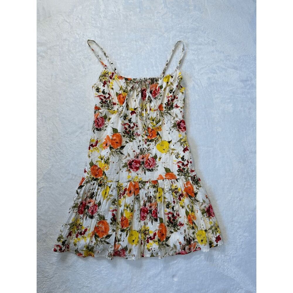 Juniors Babydoll Floral Sundress Size XS Empire Waist, Eyelet Overlay, Cream